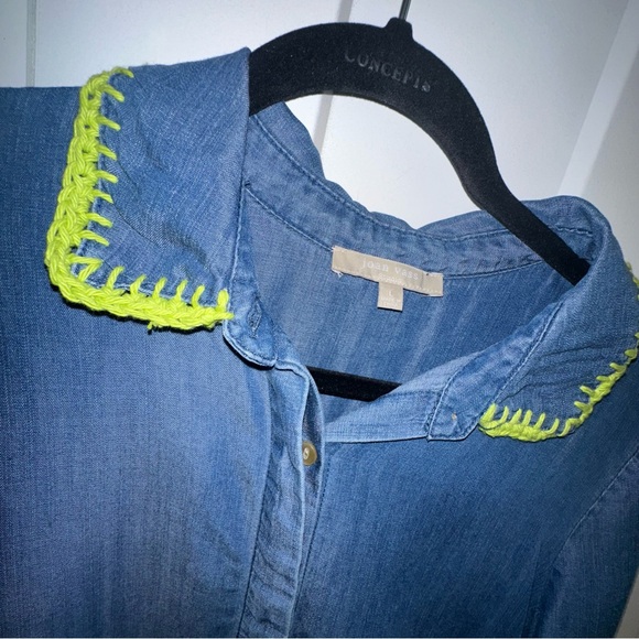 Joan Vass Blue Denim Dress/top with hand crocheted bright green trim large - Picture 2 of 7
